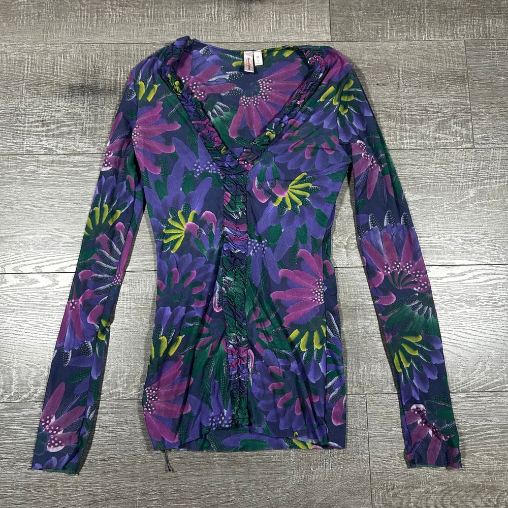 Sweet Pea by Stacy Frati Mesh Top Womens M Purple Green Floral Ruffle V-Neck Vtg